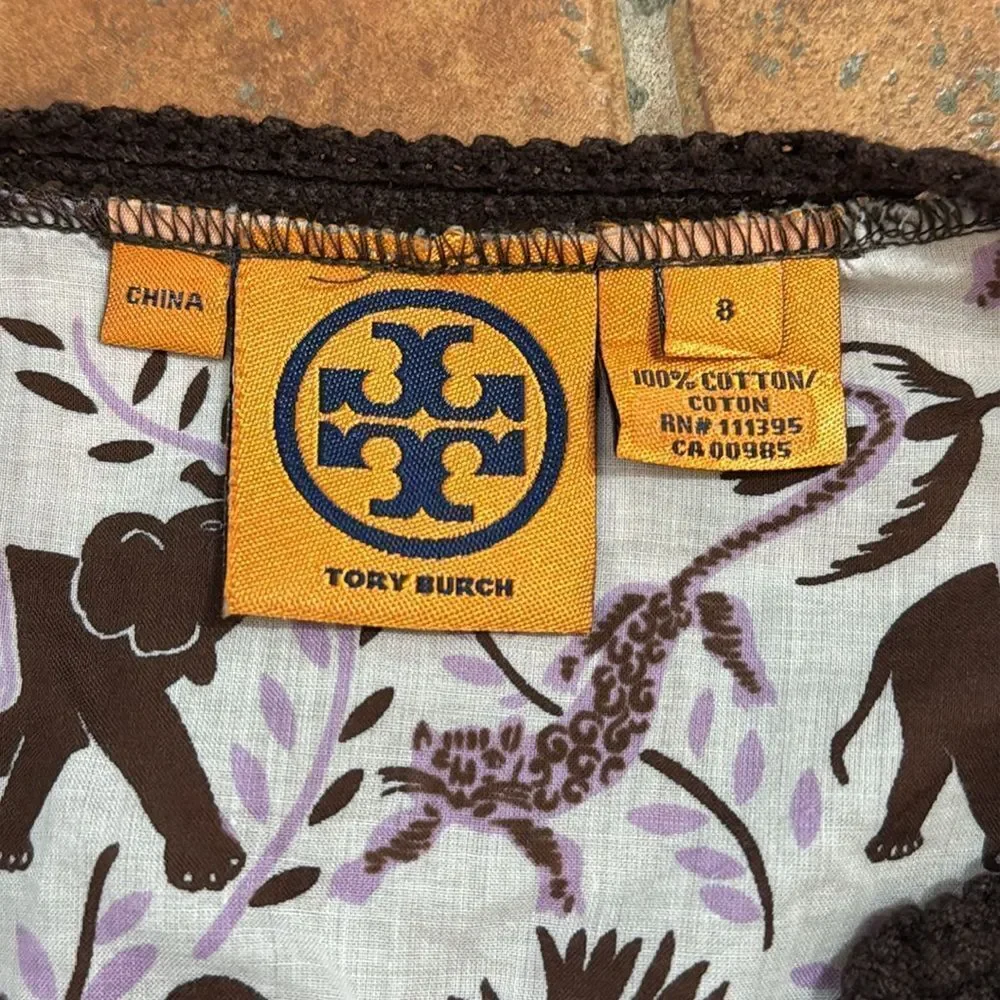Tory‎ Burch Women’s Long Sleeve Tie Front Cotten Elephant Print Blouse size 8
